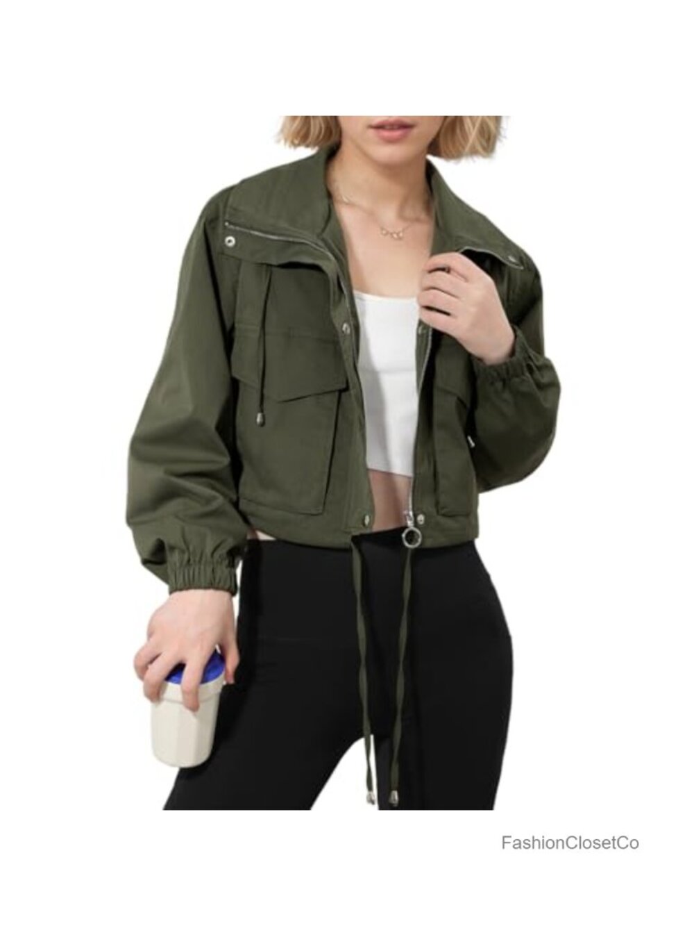 Women's Cropped Zip Up Jacket Lightweight Utility Anorak Oversized Coat Pockets